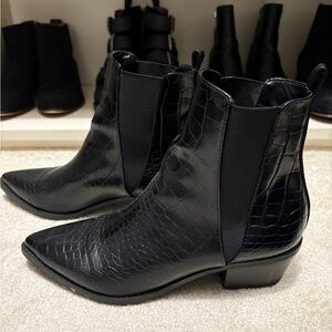 Black Croc-Pointed Toe Ankle Boots